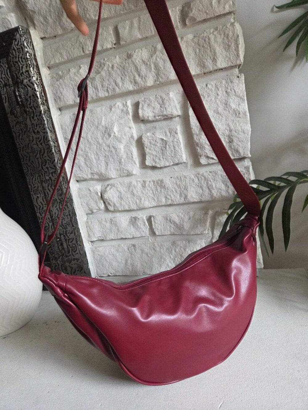 Burgundy Faux Leather Slouchy Crescent Crossbody Bag